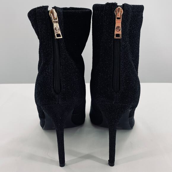 Guess Black Sparkle Fabric Stretch Open Toe Zip Back Stilletto Heels Booties 10M - Picture 6 of 9